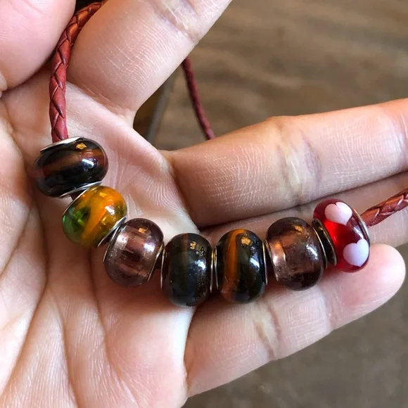 Pandora Brown Leather Bracelet Wrap Around Twice Necklace w/ 7 Charms - Picture 3 of 10